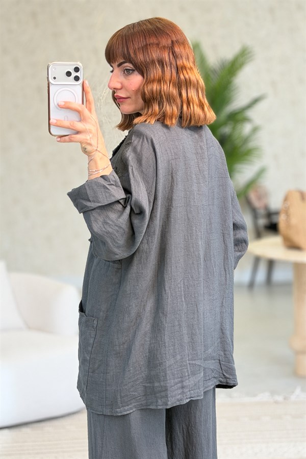 Papatya File Detaylı Blazer Pantolonlu Alt Üst Keten Takım Antresit Renk