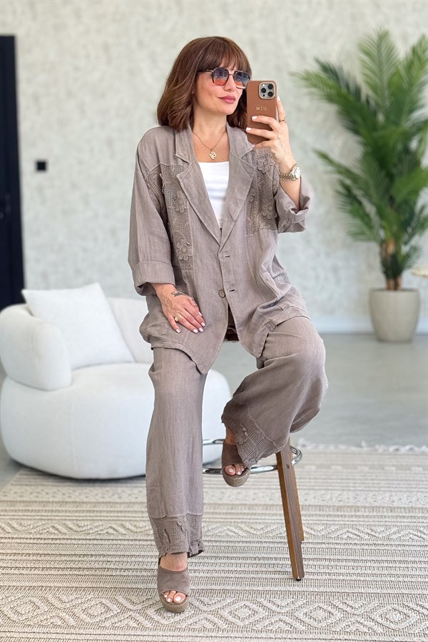 Papatya File Detaylı Blazer Pantolonlu Alt Üst Keten Takım Vizon Renk