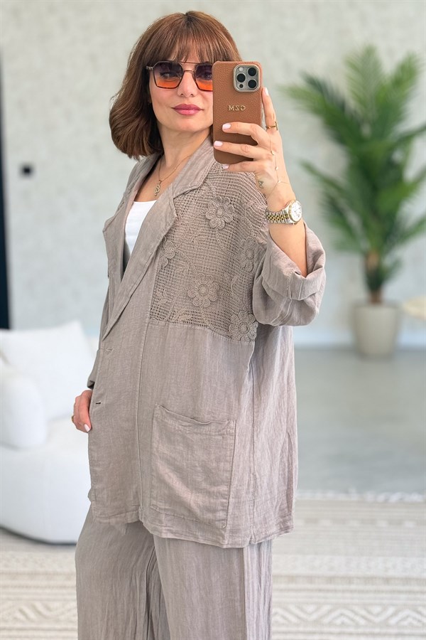 Papatya File Detaylı Blazer Pantolonlu Alt Üst Keten Takım Vizon Renk