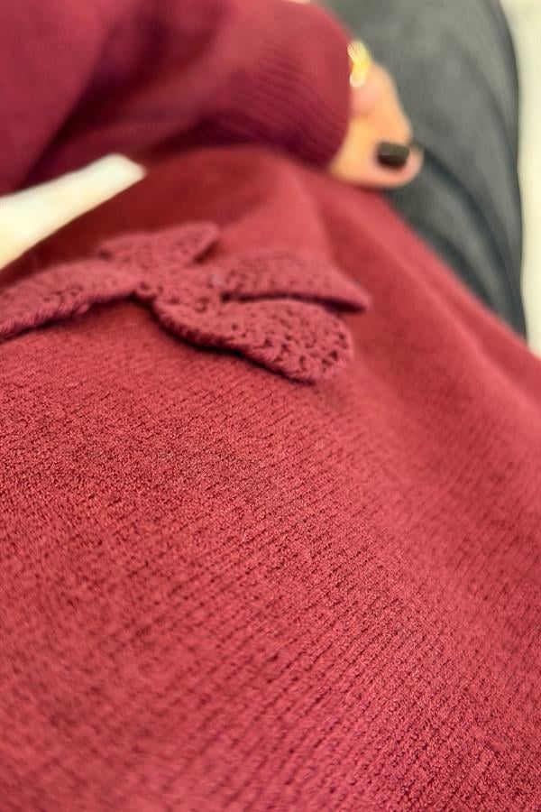 Papatya Kabartmalı V Yaka Triko Bordo Renk