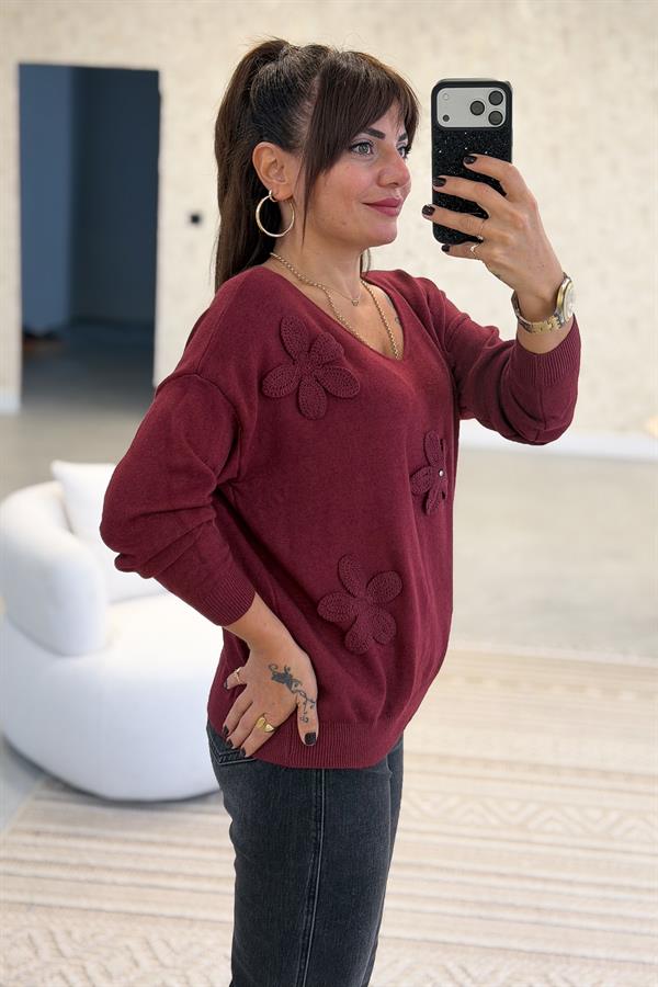 Papatya Kabartmalı V Yaka Triko Bordo Renk
