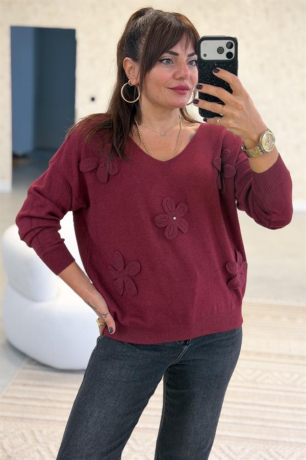 Papatya Kabartmalı V Yaka Triko Bordo Renk