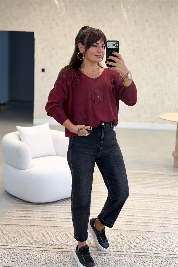 Papatya Kabartmalı V Yaka Triko Bordo Renk