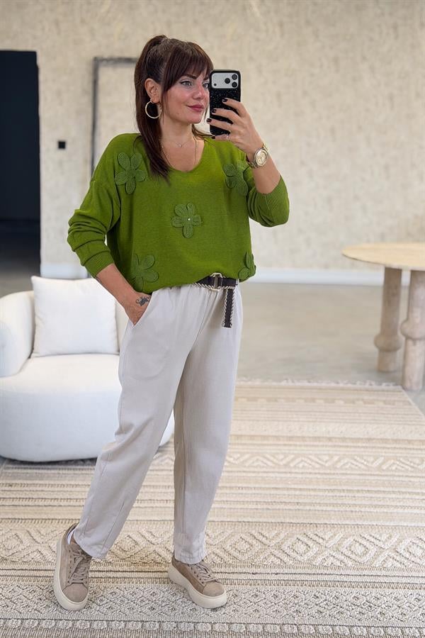 Papatya Kabartmalı V Yaka Triko Fıstık Yeşil Renk