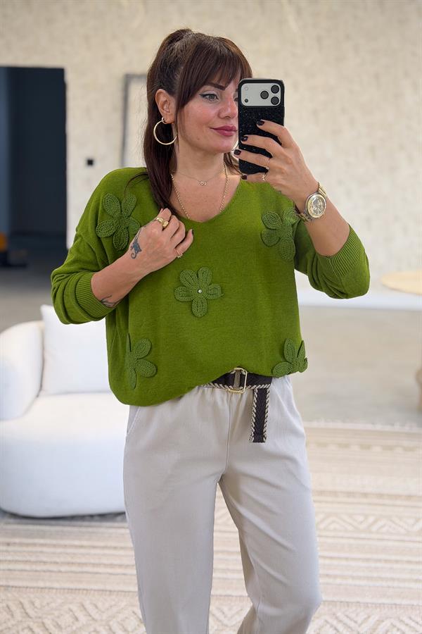 Papatya Kabartmalı V Yaka Triko Fıstık Yeşil Renk