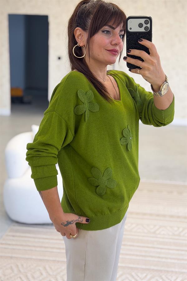 Papatya Kabartmalı V Yaka Triko Fıstık Yeşil Renk