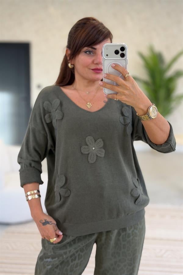 Papatya Kabartmalı V Yaka Triko Haki Renk