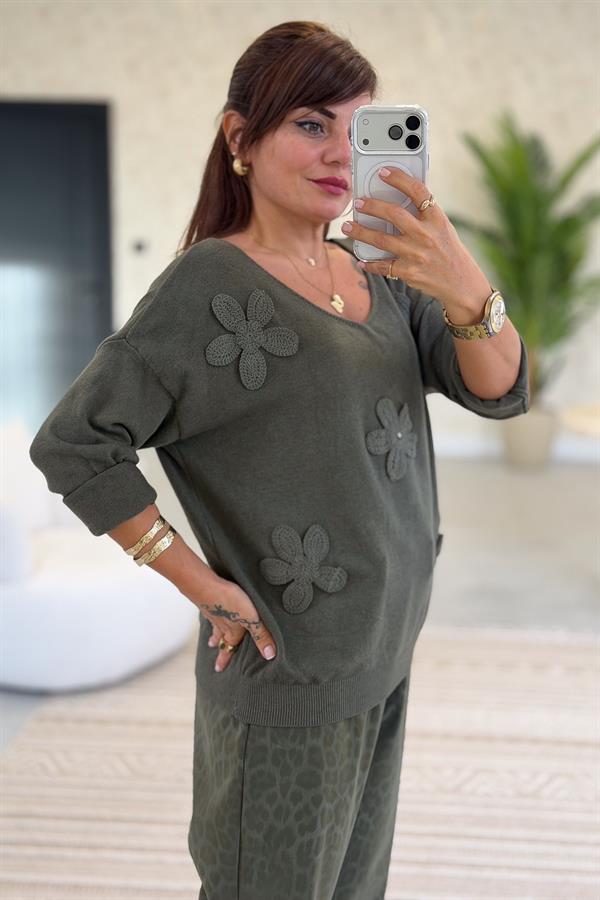 Papatya Kabartmalı V Yaka Triko Haki Renk