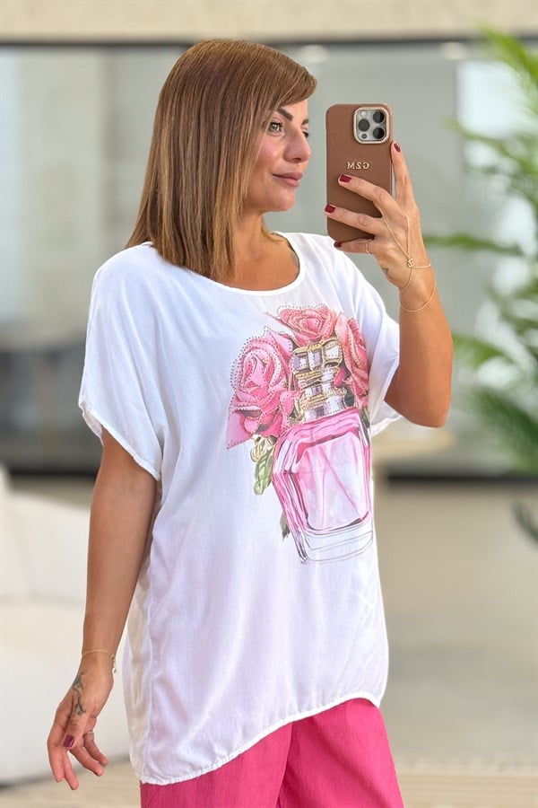 Parfüm Ve Gül Desenli Viskon Tshirt Pembe Renk