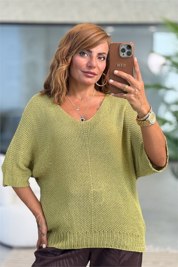 Petek Dokulu Truvakar Kol V Yaka Triko Fıstık Yeşil Renk
