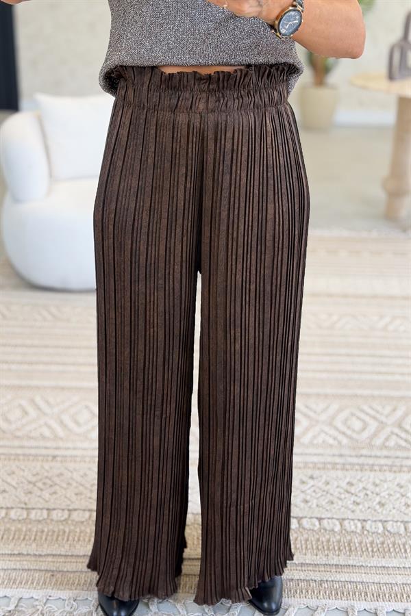 Pileli Damarlı Desen Saten Pantolon Acı Kahve Renk