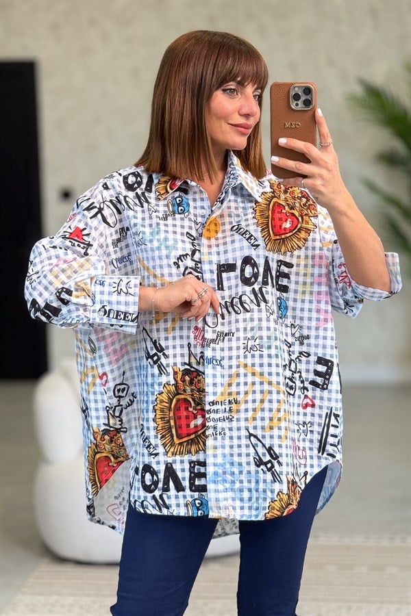 Pötikare Desen Oversize Gömlek Bebe Mavi Renk