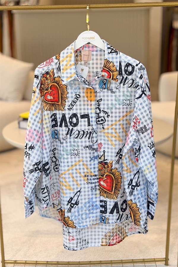 Pötikare Desen Oversize Gömlek Bebe Mavi Renk