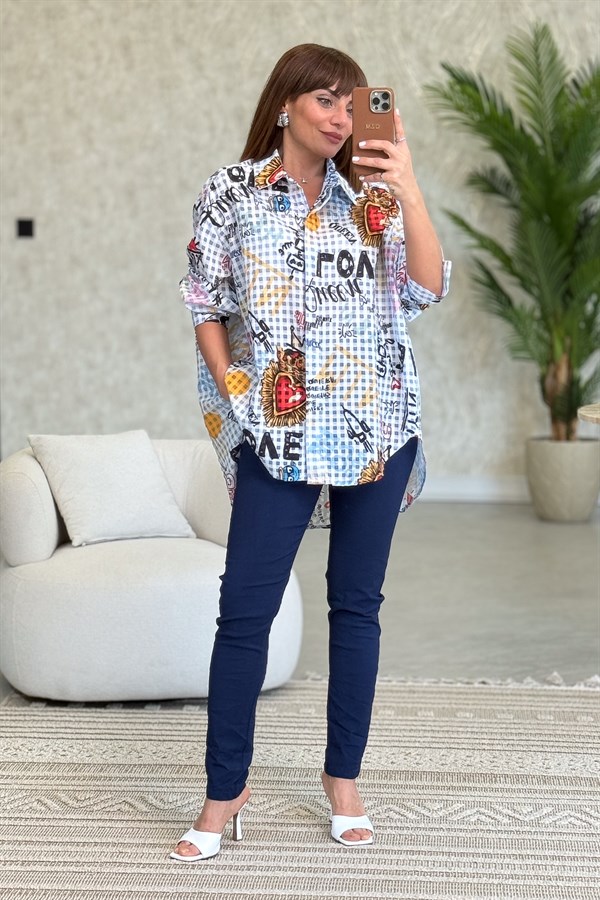 Pötikare Desen Oversize Gömlek Bebe Mavi Renk