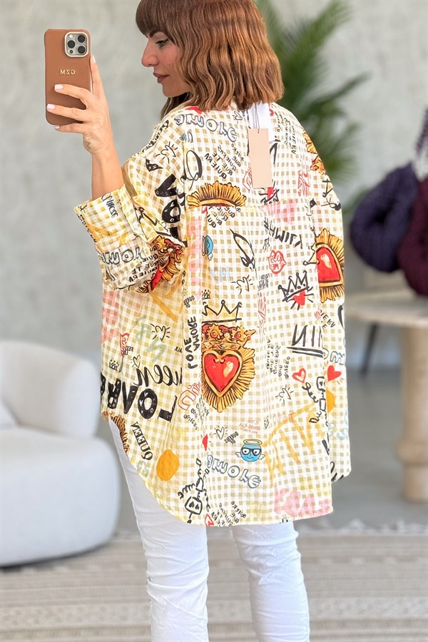 Pötikare Desen Oversize Gömlek Hardal Renk