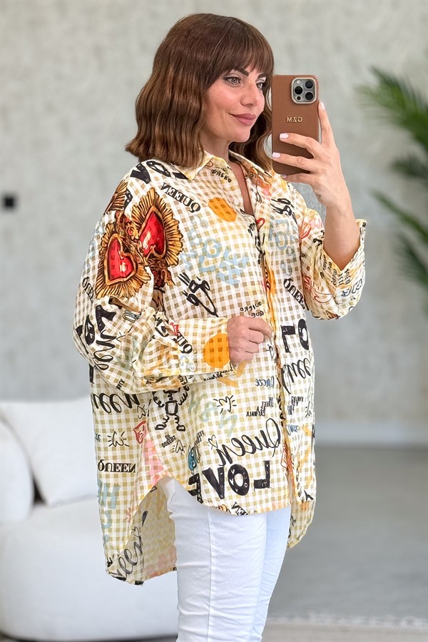 Pötikare Desen Oversize Gömlek Hardal Renk