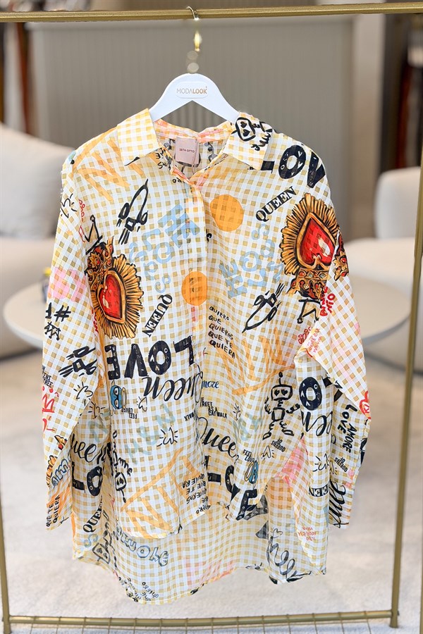 Pötikare Desen Oversize Gömlek Hardal Renk