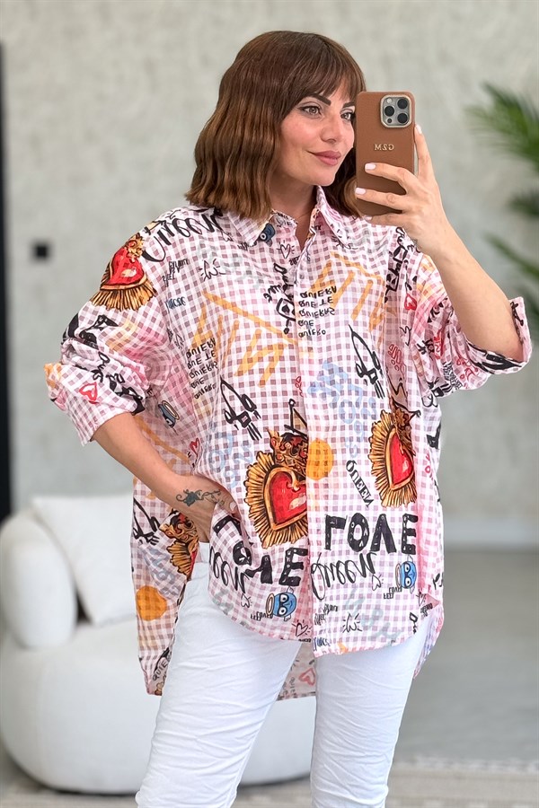 Pötikare Desen Oversize Gömlek Pudra Renk