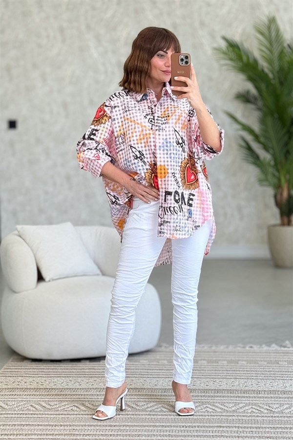 Pötikare Desen Oversize Gömlek Pudra Renk