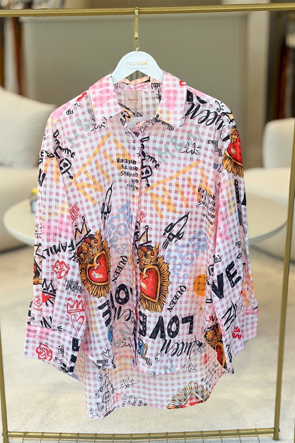 Pötikare Desen Oversize Gömlek Pudra Renk