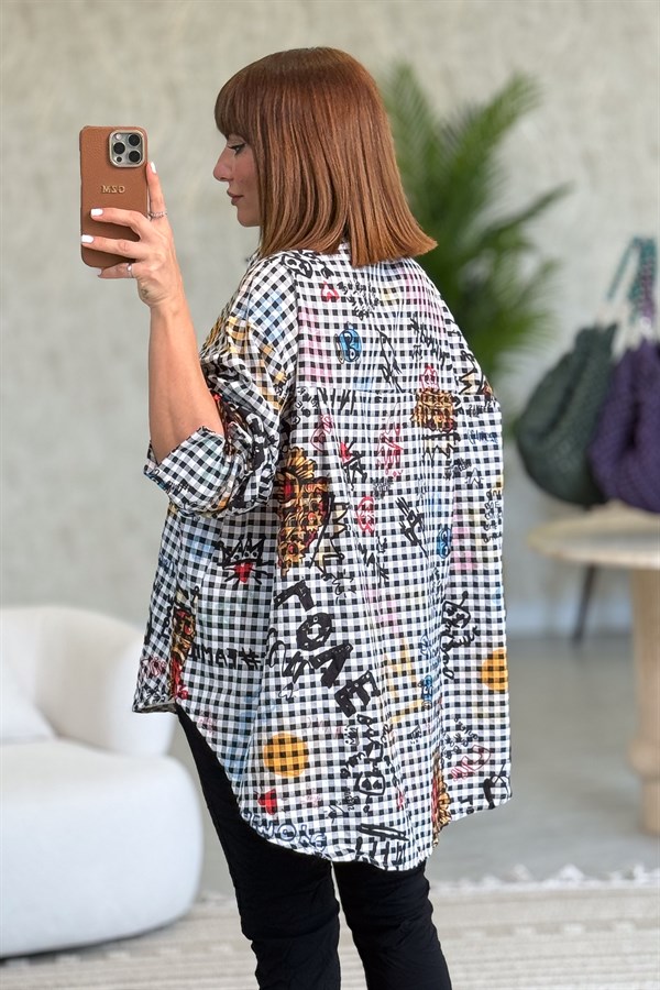 Pötikare Desen Oversize Gömlek Siyah Renk