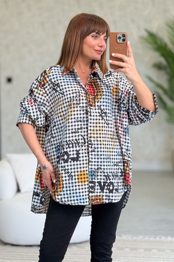 Pötikare Desen Oversize Gömlek Siyah Renk