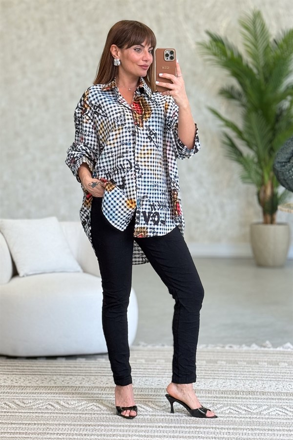 Pötikare Desen Oversize Gömlek Siyah Renk