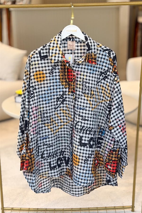 Pötikare Desen Oversize Gömlek Siyah Renk