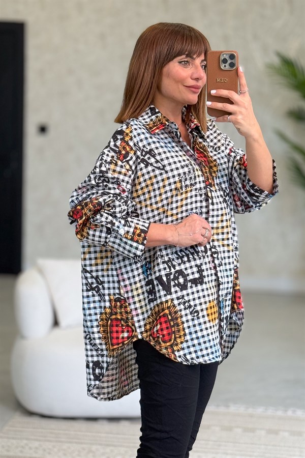 Pötikare Desen Oversize Gömlek Siyah Renk