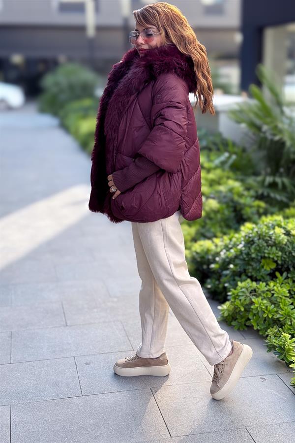 Premium Büyük Kürklü Mont Bordo Renk