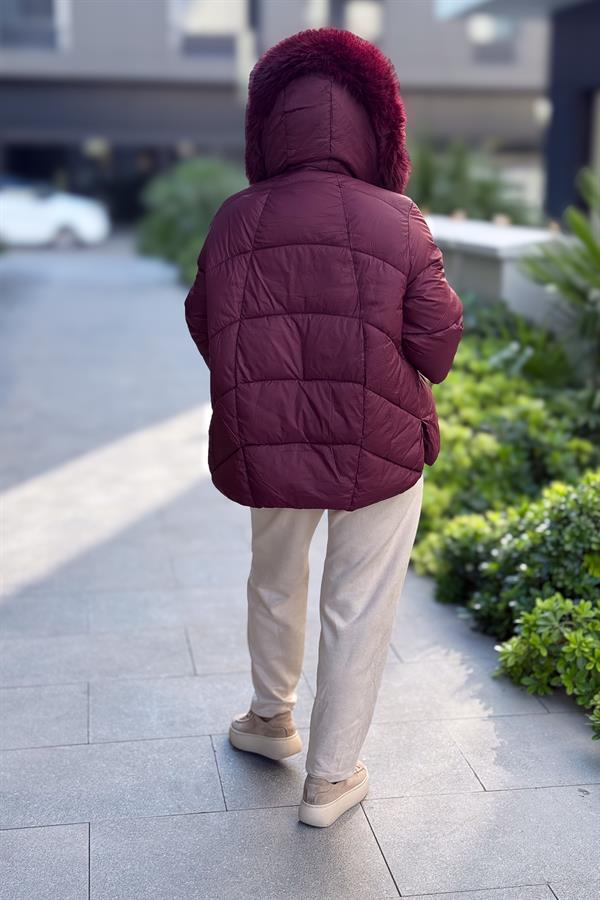 Premium Büyük Kürklü Mont Bordo Renk