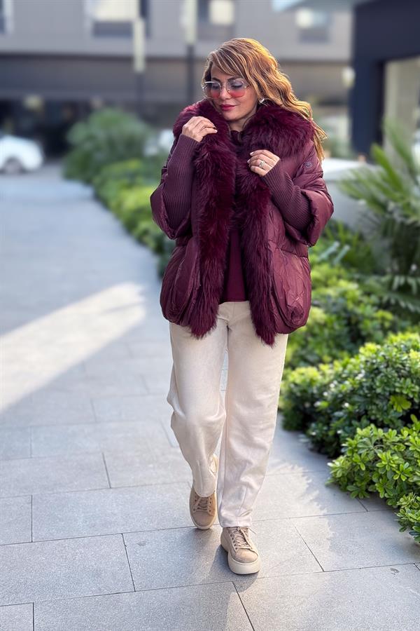 Premium Büyük Kürklü Mont Bordo Renk