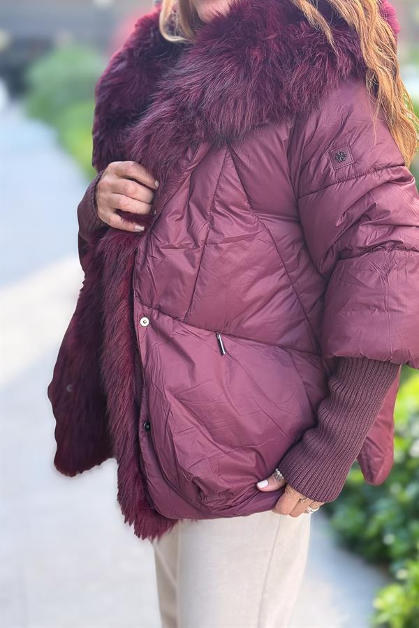 Premium Büyük Kürklü Mont Bordo Renk