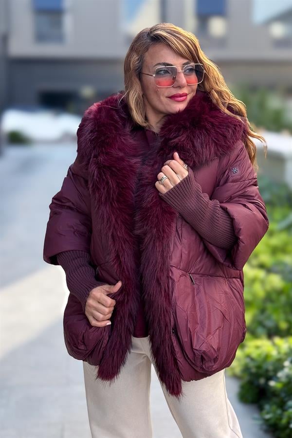 Premium Büyük Kürklü Mont Bordo Renk