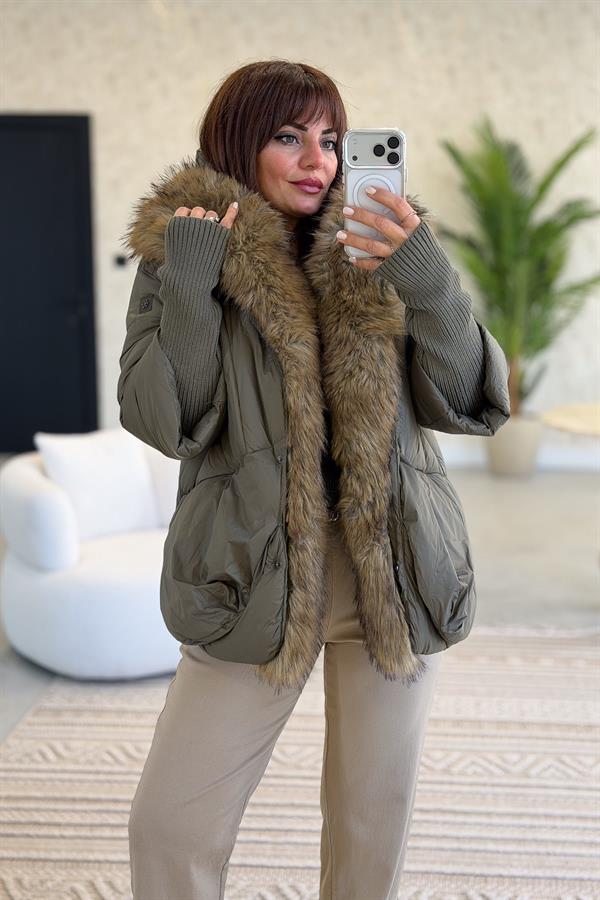 Premium Büyük Kürklü Mont Haki Renk