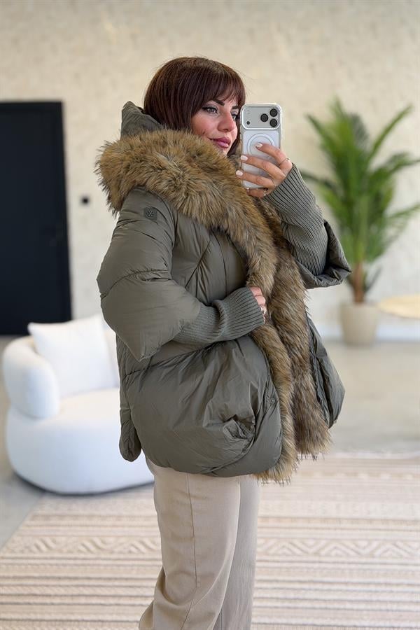 Premium Büyük Kürklü Mont Haki Renk