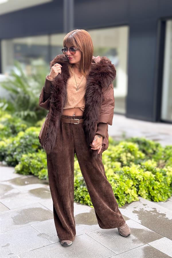 Premium Büyük Kürklü Mont Kahverengi Renk