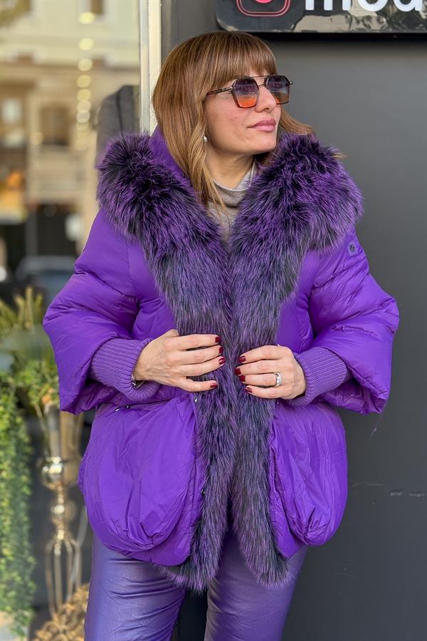 Premium Büyük Kürklü Mont Mor Renk