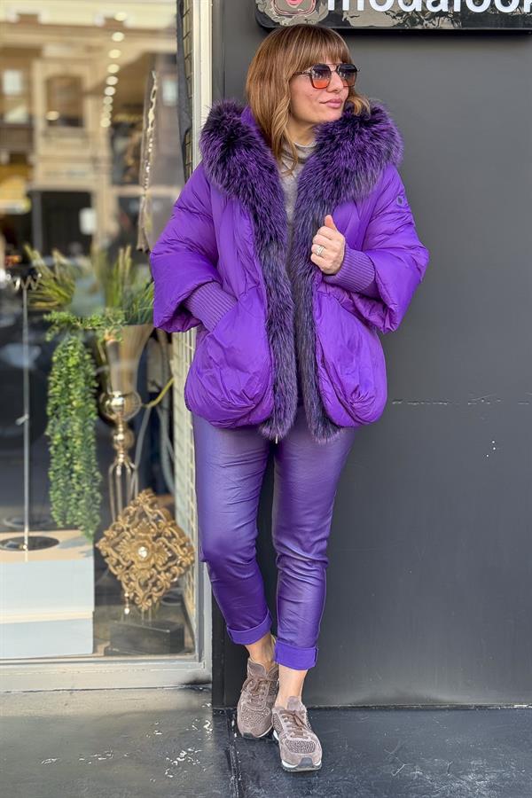 Premium Büyük Kürklü Mont Mor Renk