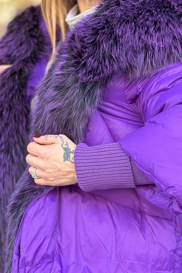 Premium Büyük Kürklü Mont Mor Renk