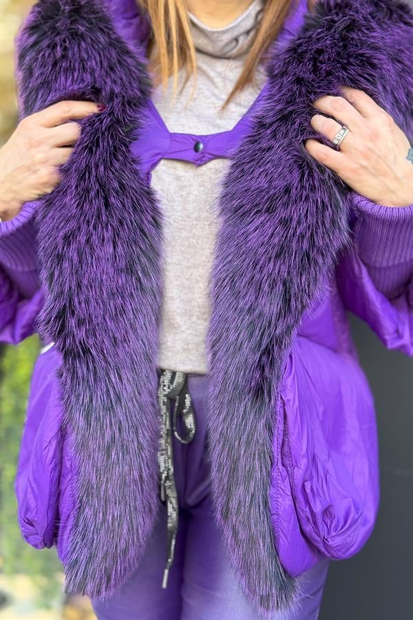 Premium Büyük Kürklü Mont Mor Renk