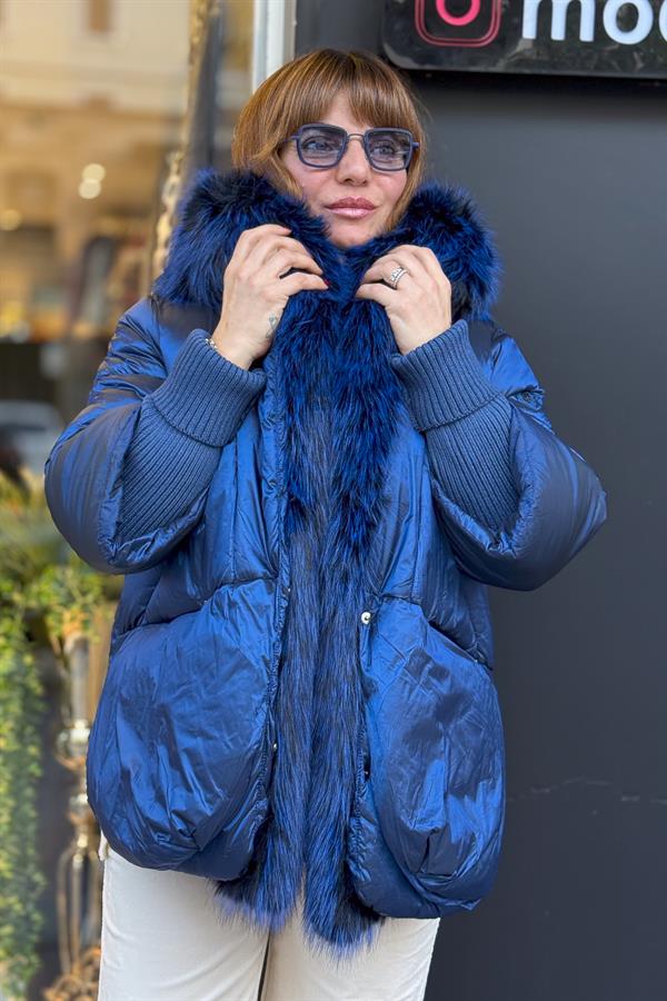 Premium Büyük Kürklü Mont Saks Renk