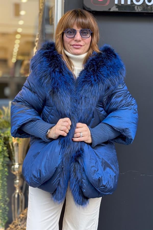 Premium Büyük Kürklü Mont Saks Renk