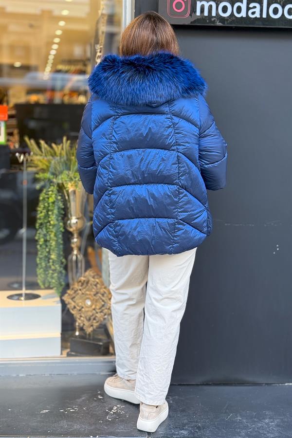 Premium Büyük Kürklü Mont Saks Renk