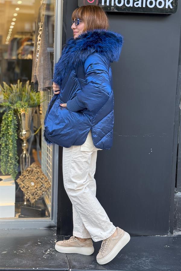 Premium Büyük Kürklü Mont Saks Renk