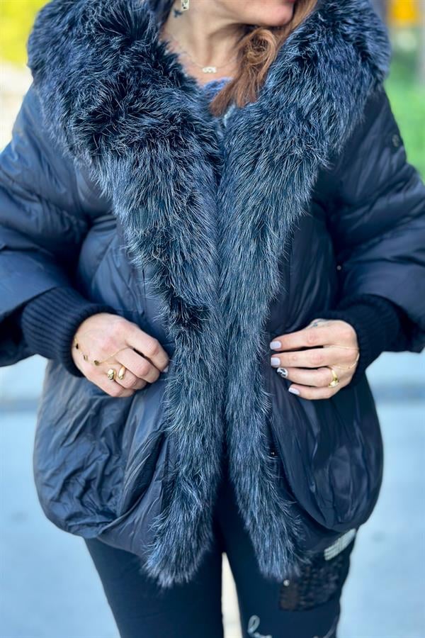 Premium Büyük Kürklü Mont Siyah Renk