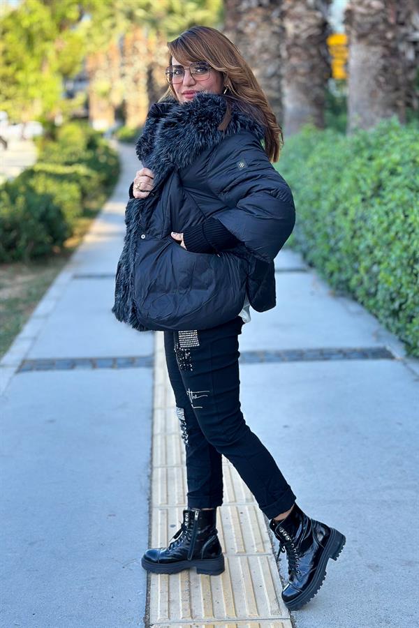 Premium Büyük Kürklü Mont Siyah Renk