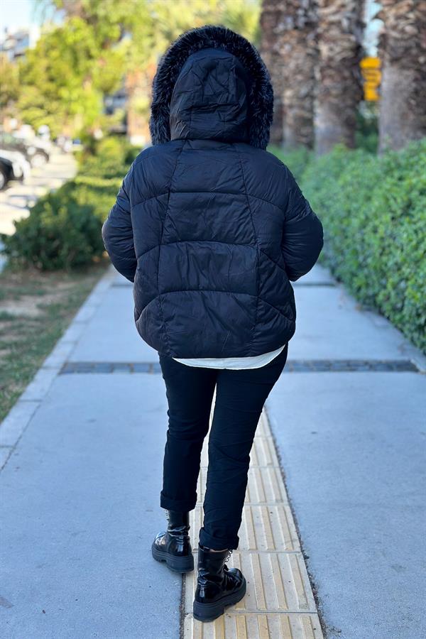 Premium Büyük Kürklü Mont Siyah Renk