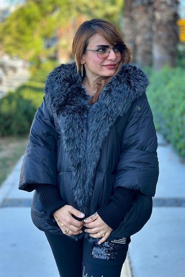 Premium Büyük Kürklü Mont Siyah Renk
