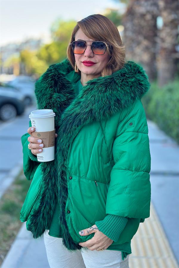 Premium Büyük Kürklü Mont Yeşil Renk